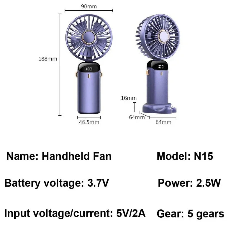 ❄️Cooling Fan – 5-Speed, Rechargeable with Display & Stand
